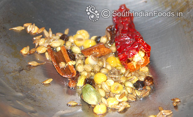 Heal oil in a pan roast cinnamon, cardamom, peppercorns, coriander seeds, cumin seeds, bengal gram, urad dal, dry red chilli, & cloves