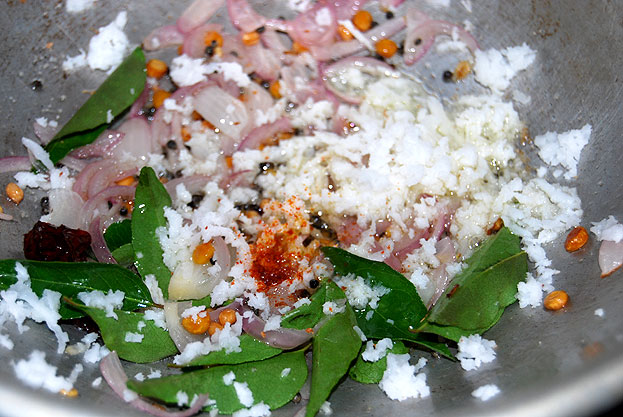 Add coconut & red chilli powder