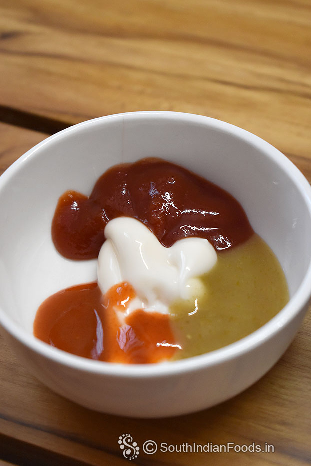 Add tomato sauce, red chilli sauce, green chilli sauce