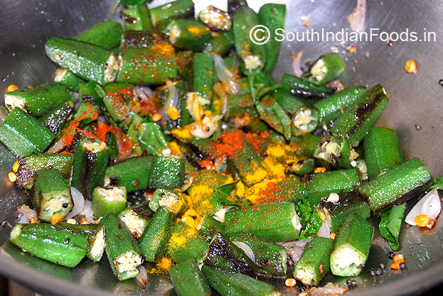Add fried okra[vendakkai], Turmeric, Red chilli powder