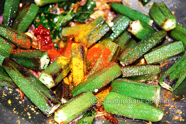 Add vendakkai, salt, turmeric & redchilli powder