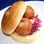 Veg burger with samak rice balls and purple cabbage salsa